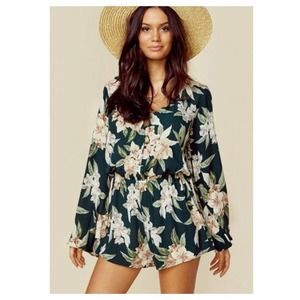 Show Me Your Mumu Romper Womens XS Floral Green Long Sleeve Red Rocks Button